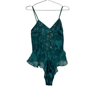 Victoria's Secret‎ Teddy Women P Emerald Green Vintage Gold Label Floral Ruffle